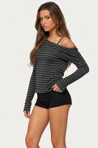 Striped long-sleeve top, three-quarter view