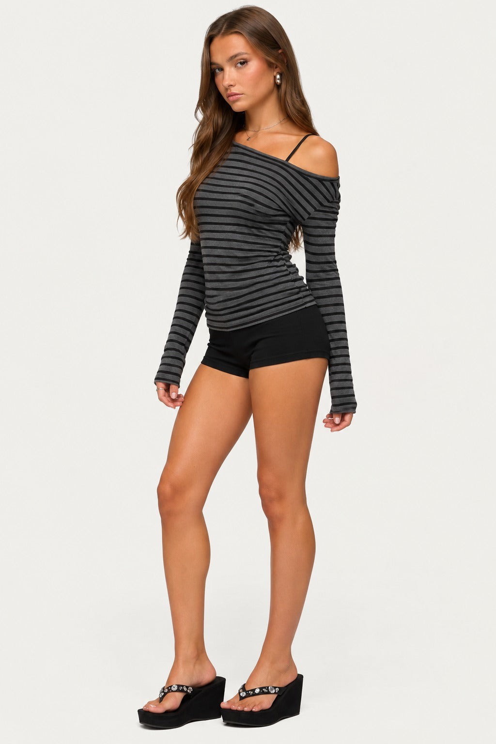 Striped long-sleeve top, side view