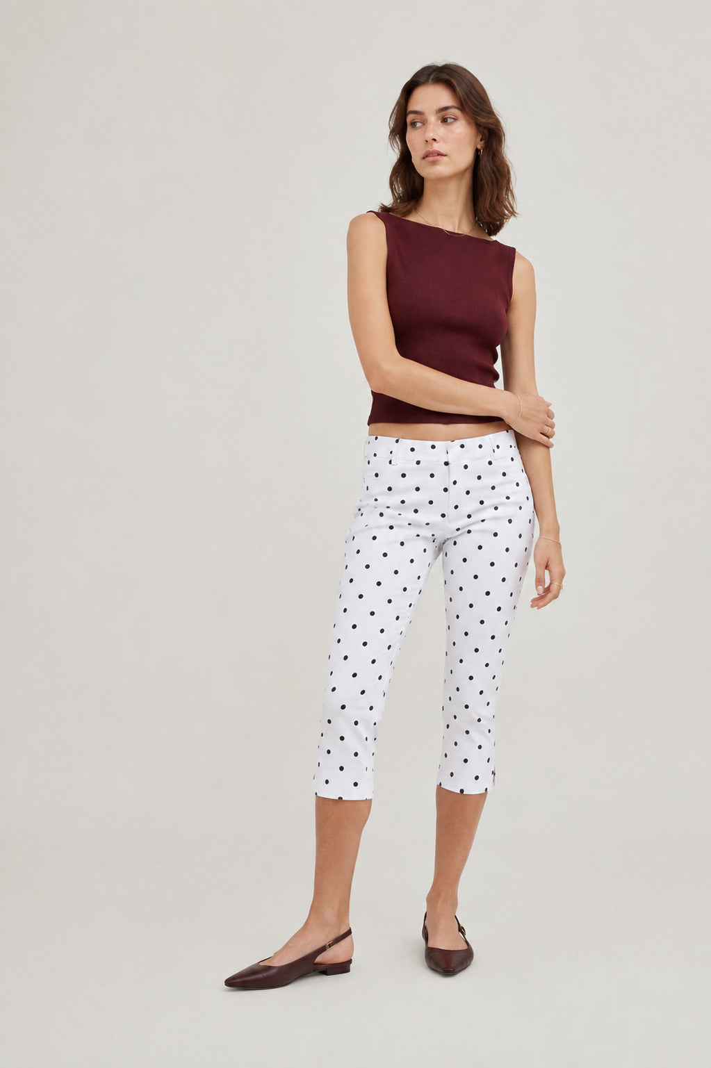 Runa Dots Capri Pants in White with black dots, front view